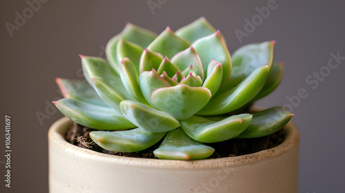 Succulent plant in a pot on a gray wooden table ,Echeveria Hercules Succulent live decorative househol plant in pot, copy space photo