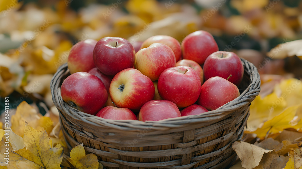 Basket of Red Apples in Autumn Leaves, wicker basket, fall, fall leaves, harvest, harvest time Basket of Red Apples in Autumn Leaves, wicker basket, fall, fall leaves, harvest, harvest time