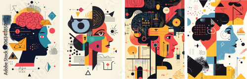 Four colorful abstract portraits Psychology Mental health awareness Brain function Creative thinking Intelligence concept Neuroscience Neurology Human mind Artificial intelligence Psychology concept