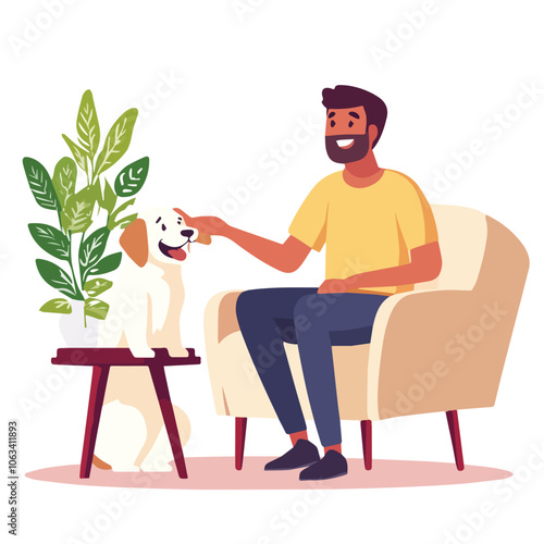 Happy man petting dog sitting on armchair at home Man playing with his pet dog Animal care Pet love friendship concept Young male character stroking adorable labrador retriever puppy Domestic animal