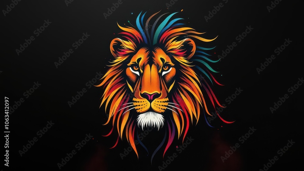 Artistic lion with colorful mane set against a stark black background, feline, animal