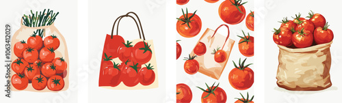 Fresh tomatoes in different packaging eco bag paper bag shopping bag seamless pattern tomato harvest farm fresh vegetables healthy eating vegan food grocery shopping farmers market local produce ripe