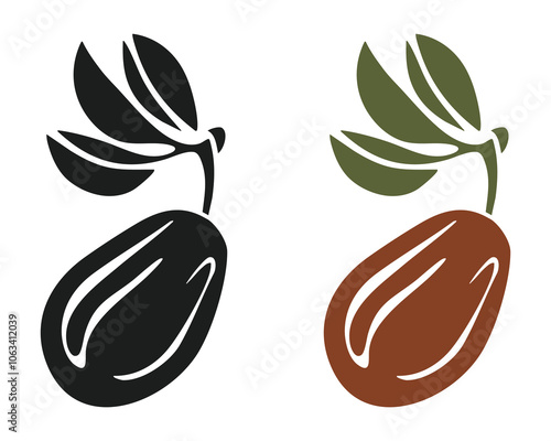 Simple illustration of a date fruit with a sprout and leaves, in black and brown colors.