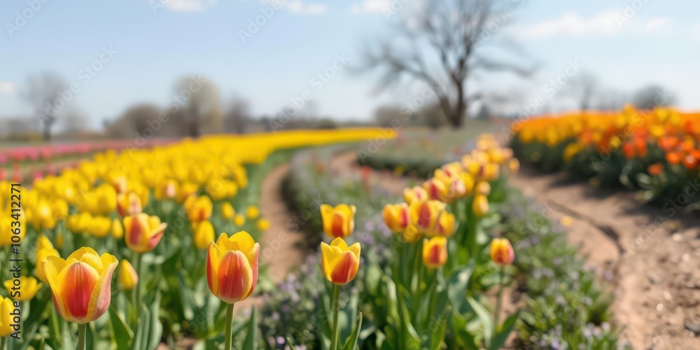 A stunning line of bright yellow tulips stretching out in a field, nature, tulips A stunning line of bright yellow tulips stretching out in a field, nature, tulips