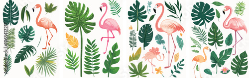 Pink flamingo tropical exotic bird with jungle leaves set Exotic flamingo bird and green tropical jungle palm monstera leaves and fern floral composition Exotic summer decoration design for party