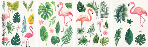 Tropical flamingo and jungle leaves set Flamingo bird exotic jungle leaves flowers botanical elements collection Summer beach design elements Tropical flowers and flamingo Paradise nature decoration