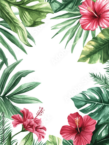 Tropical frame with hibiscus flowers and exotic leaves Jungle foliage border Summer floral background Palm leaves and hibiscus blossoms Hawaiian luau party invitation Botanical design Nature