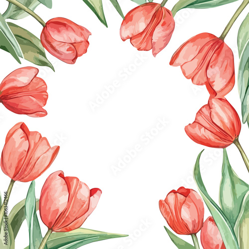 Wallpaper Mural Frame of watercolor red tulips Spring flowers floral border with space for text greeting card invitation banner wedding stationery design tulip blossom bloom flora nature botanical decoration petal Torontodigital.ca
