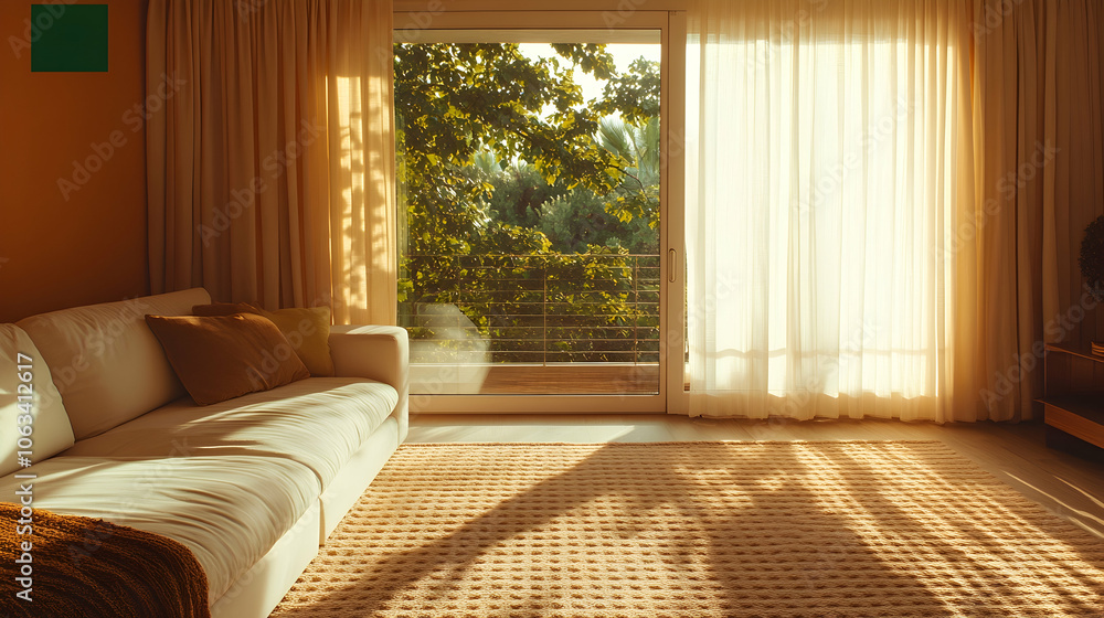 Cozy Living Room with Natural Light and Green View, sofa, couch, cushions, pillows, throw blanket Cozy Living Room with Natural Light and Green View, sofa, couch, cushions, pillows, throw blanket