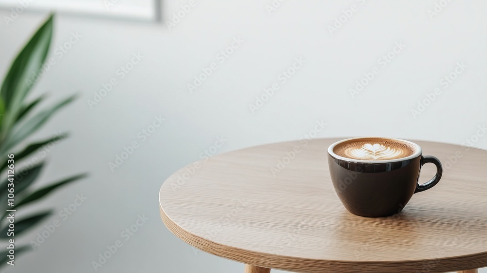 A cozy coffee cup sits on a textured wooden table, accompanied by a green plant in a well-lit, minimalist space. A cozy coffee cup sits on a textured wooden table, accompanied by a green plant in a well-lit, minimalist space.