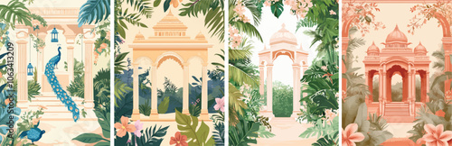 Luxury palace garden with peacock tropical plants and flowers Indian architecture elements Romantic oriental background Mughal style building Exotic landscape wallpaper design Jungle botanical