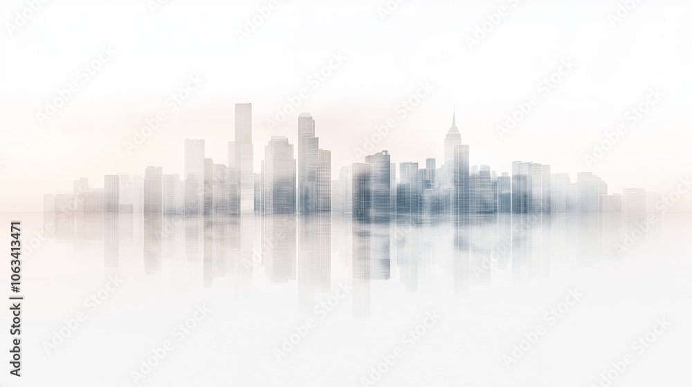 Ethereal city skyline reflection at dawn with mist and soft light illuminating urban buildings and structures. Ethereal city skyline reflection at dawn with mist and soft light illuminating urban buildings and structures.