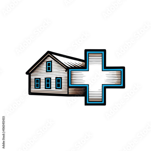 Design a logo combining a house and a medical cross, representing healthcare and home.