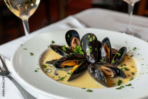 Elegant mussels dish in creamy sauce with parsley garnish and wine pairing photo