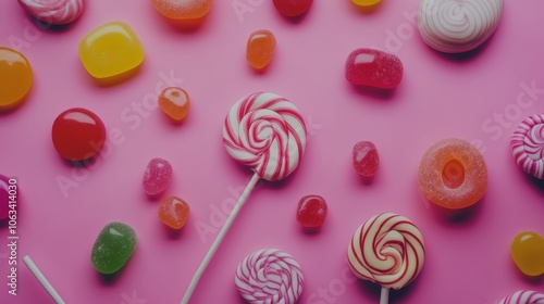 Vibrant top view of colorful candies, jellybeans, and lollipops creating a delightful and eye-catching background, perfect for celebrating sweet moments and appealing to candy lovers photo