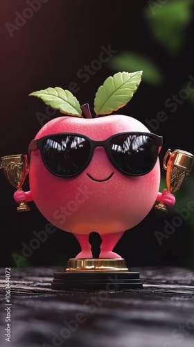 
cute chibbi 3d blender apple character wearing gangster meme sunglasses holding a champion trophy  photo