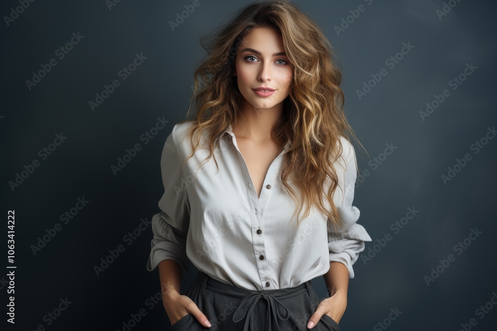 A woman with long hair is wearing a white shirt and gray pants. Generative AI A woman with long hair is wearing a white shirt and gray pants. Generative AI