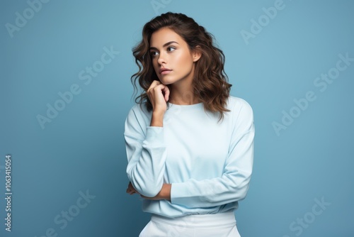 A woman is standing in front of a blue wall, wearing a blue shirt. Generative AI