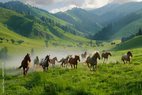 3D Horses Grazing in Mountain Meadow by River