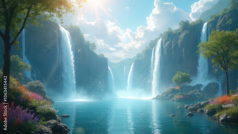 The waterfall is in the middle of a forest The waterfall is in the middle of a forest