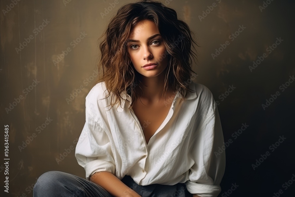 A woman is sitting in a chair and wearing a white shirt. Generative AI A woman is sitting in a chair and wearing a white shirt. Generative AI