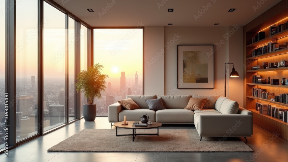 Fototapeta premium A living room with large windows overlooking the city