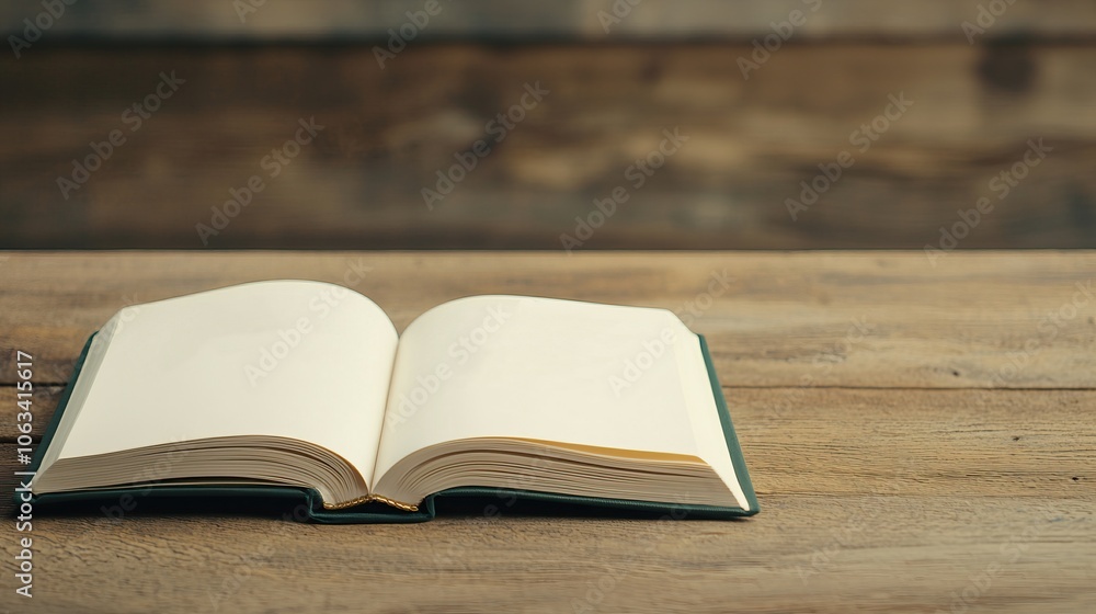 An open, blank book rests on a wooden table, creating a serene atmosphere for writing or reading. An open, blank book rests on a wooden table, creating a serene atmosphere for writing or reading.