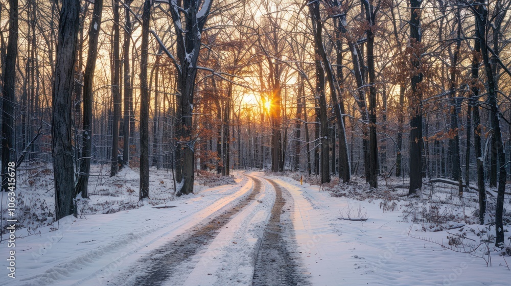 A snowy road in a dense winter forest surrounded by trees, bathed in a warm sunset glow A snowy road in a dense winter forest surrounded by trees, bathed in a warm sunset glow