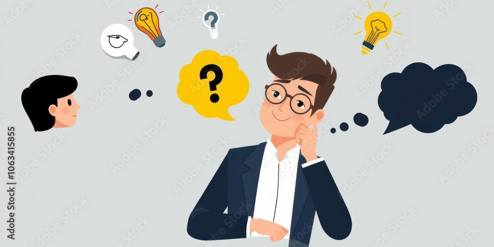 Flat vector illustration of a pensive male figure with a thought bubble above his head, professional, flat Flat vector illustration of a pensive male figure with a thought bubble above his head, professional, flat