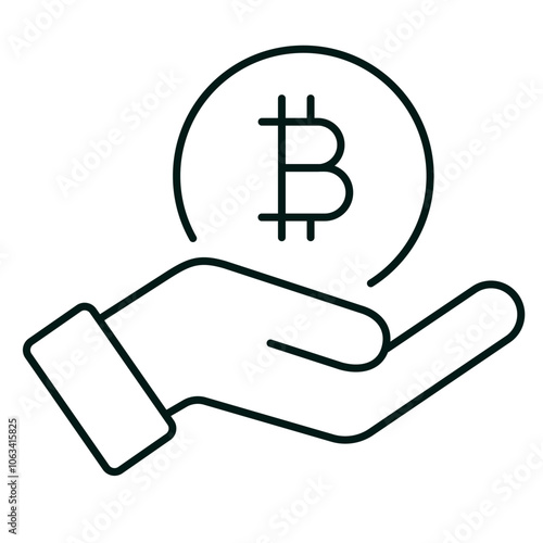 Hand holding Bitcoin line icon for web design, website or app. Hand giving or receiving digital money. Cryptocurrency coin payment. Buy, sell or save concept. Editable vector stroke. Pixel Perfect.