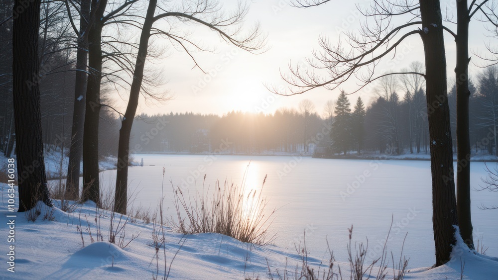 The sun is setting over a frozen lake The sun is setting over a frozen lake