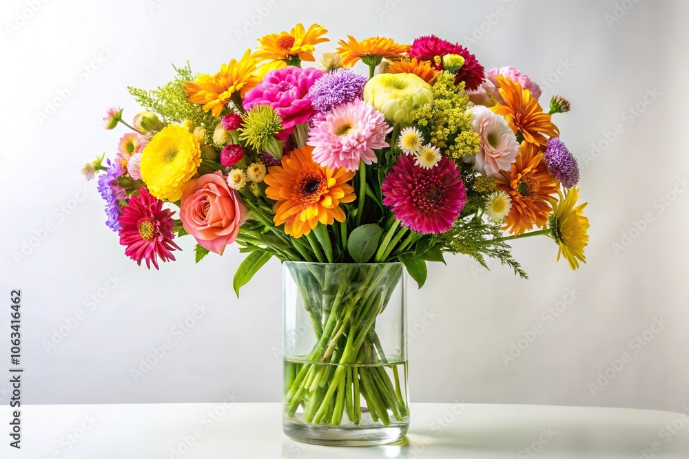Fototapeta premium Colorful bouquets of long-stemmed flowers arranged in a glass vase with a white background, vase, celebration, colorful, petals