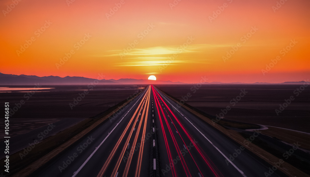 Obraz premium Blurred rays of light from cars passing along the highway at dawn. View from above. Scenery.