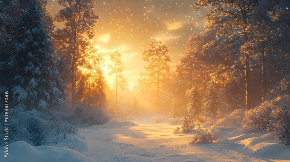 Ethereal winter wonderland with deep snow drifts and snow-covered pine trees, featuring falling snowflakes and golden sunlight breaking through misty forest background. Ethereal winter wonderland with deep snow drifts and snow-covered pine trees, featuring falling snowflakes and golden sunlight breaking through misty forest background.