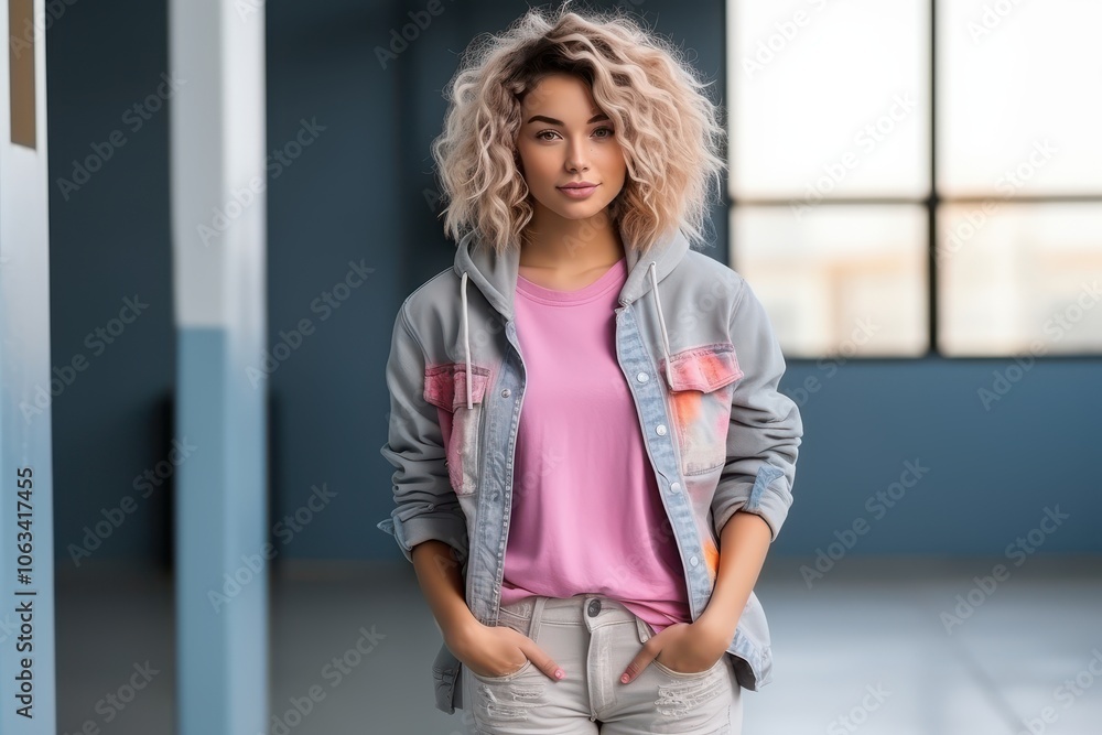 A woman in a pink shirt and jeans stands in front of a blue wall. Generative AI A woman in a pink shirt and jeans stands in front of a blue wall. Generative AI