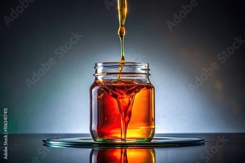 Dripping amber liquid falling into a glass jar filled with other colored liquids on a minimalist background, liquid, discovery, amber, experiment, glass photo