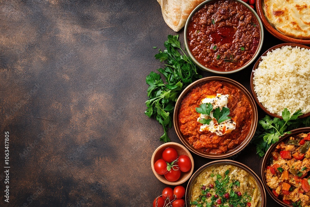 A large turkey is surrounded by a variety of side dishes , with ample copy space for text. A large turkey is surrounded by a variety of side dishes , with ample copy space for text.