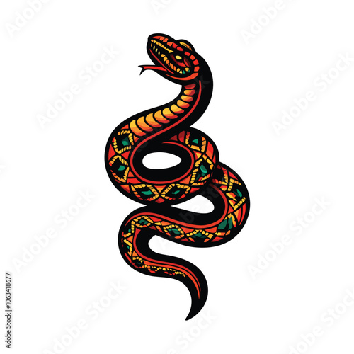 Design an Aztec serpent coiled in a circular form, its body adorned with intricate tribal markings and patterns.