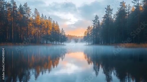 A tranquil morning scene featuring a misty lake surrounded by tall pine trees, with soft golden sunlight peeking through the branches, creating a serene and peaceful atmosphere.