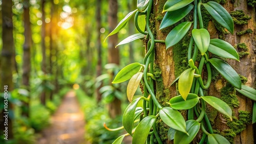 Extreme close-up of vanilla vines growing over a tree trunk in agroforestry setting