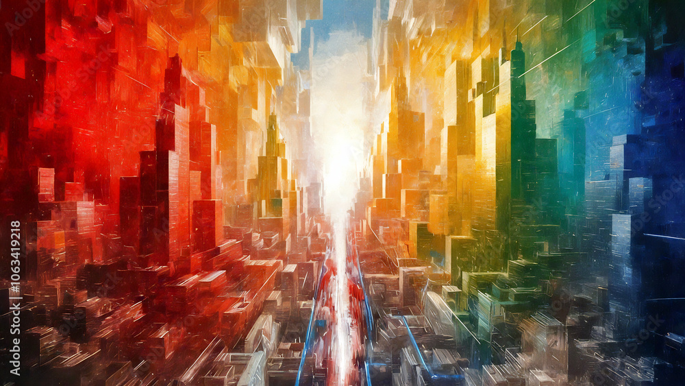 Fototapeta premium An abstract artwork that captures the essence of a bustling and vibrant cityscape. The piece is a kaleidoscope of bright and vivid colors, including red, orange, yellow, green, and blue