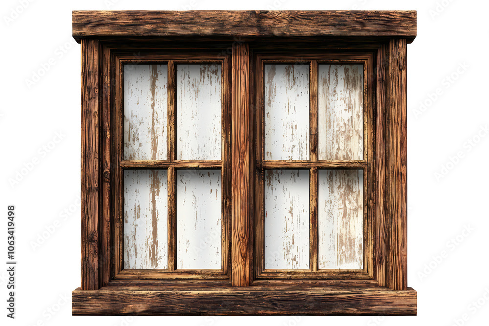 Obraz premium A window with wooden frames and white curtains isolated on transparent or white background, png