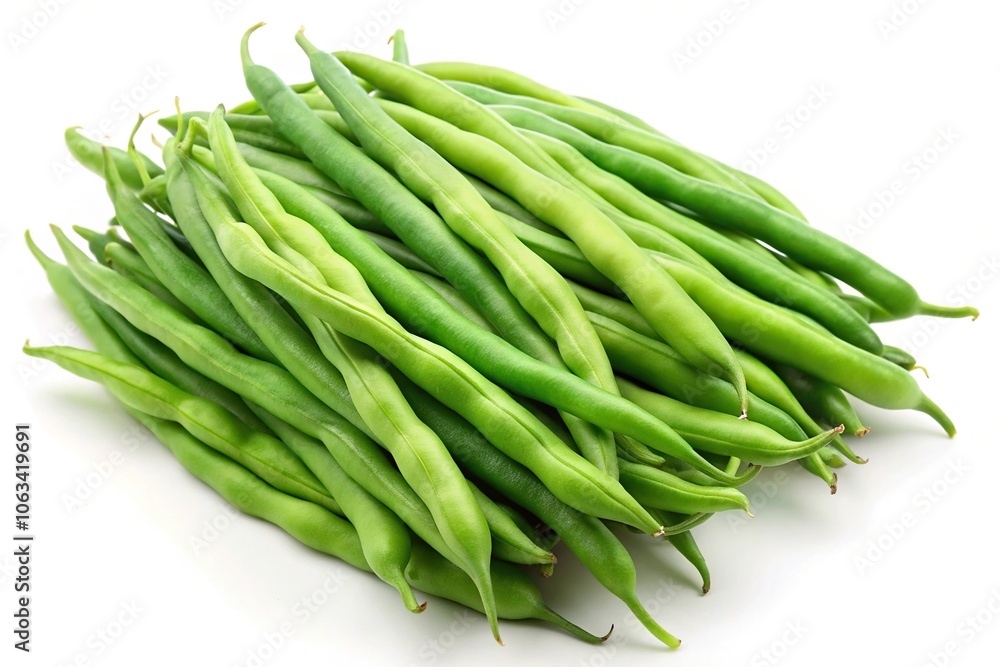 Forced perspective image of green beans on white background Forced perspective image of green beans on white background