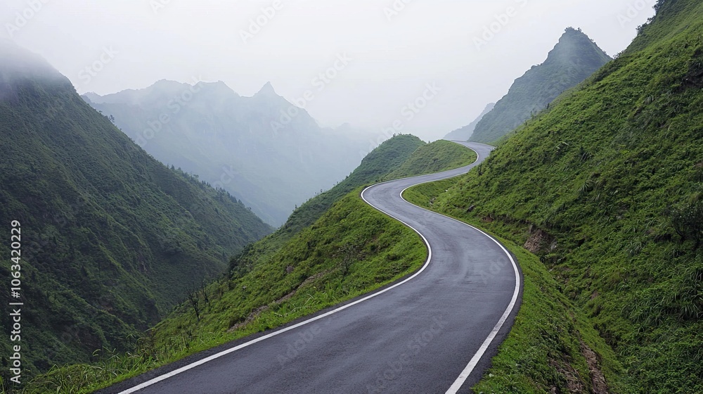 A winding road cuts through lush green mountains under a misty sky, creating a serene yet adventurous landscape. A winding road cuts through lush green mountains under a misty sky, creating a serene yet adventurous landscape.
