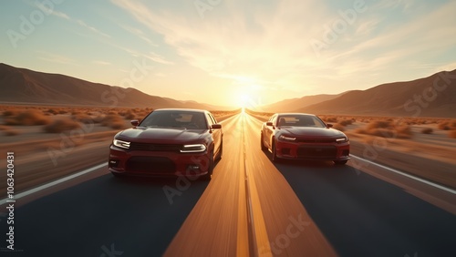 Fototapeta Naklejka Na Ścianę i Meble -  Two red cars are driving down a road at sunset