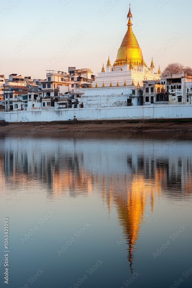 Fototapeta premium A peaceful riverside temple with intricate golden details, reflected perfectly in the river at sunset