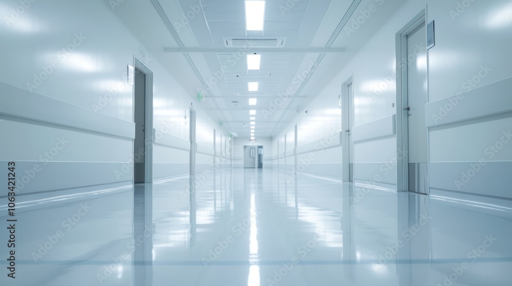 Fototapeta premium An empty hospital corridor, spotless and clean, with bright lights and white walls, creating a serene and quiet atmosphere.