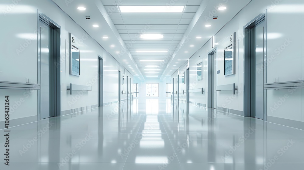 An empty hospital corridor, spotless and clean, with bright lights and white walls, creating a serene and quiet atmosphere. An empty hospital corridor, spotless and clean, with bright lights and white walls, creating a serene and quiet atmosphere.