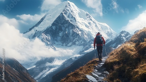 Hiker ascending snow covered mountain trail symbolizing endurance and perseverance