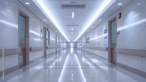 An empty hospital corridor, spotless and clean, with bright lights and white walls, creating a serene and quiet atmosphere.